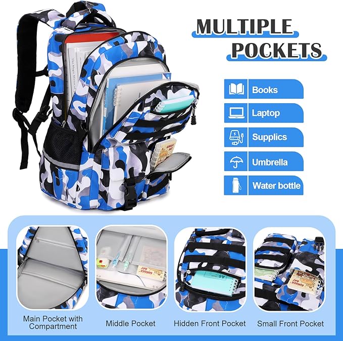 Camo Backpack for Boys, Tactical Boy Backpacks for School, Kids Backpack With Lunch Box Pencil Case USB Charging Port Military Army SchoolBags for Boy Teens Kids Elementary Middle High School