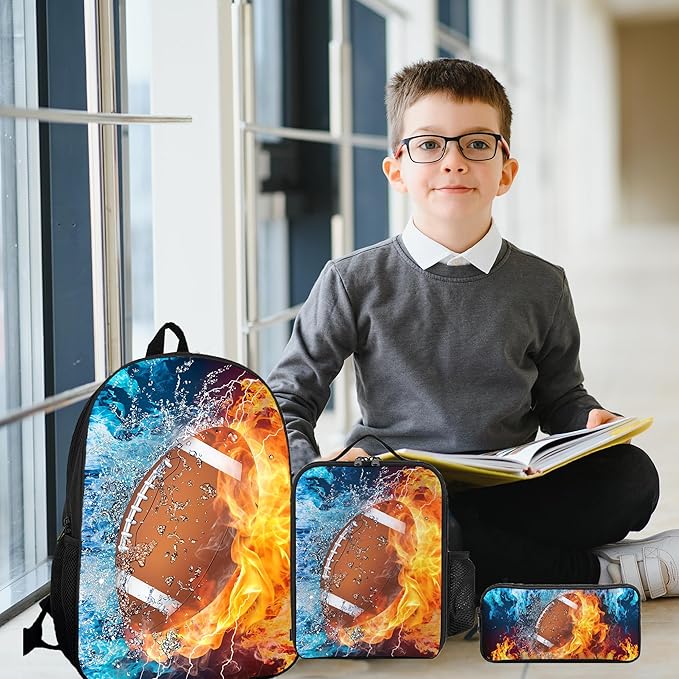 3PCS Football Backpack Set for Boys, Lightweight Large Backpack with Lunch Box & Pencil Case, Cool Sport Bookbag for Kids, Back to School Backpacks for Elementary & Middle School - 02