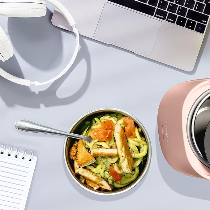 Nostalgia Portable Heated Lunch Box – 2.5-Cup Stainless Steel Food Warmer – Detachable Cord, Leak-Proof Lid, Carry Handle – Portable for Work & Travel – Cherry Blossom