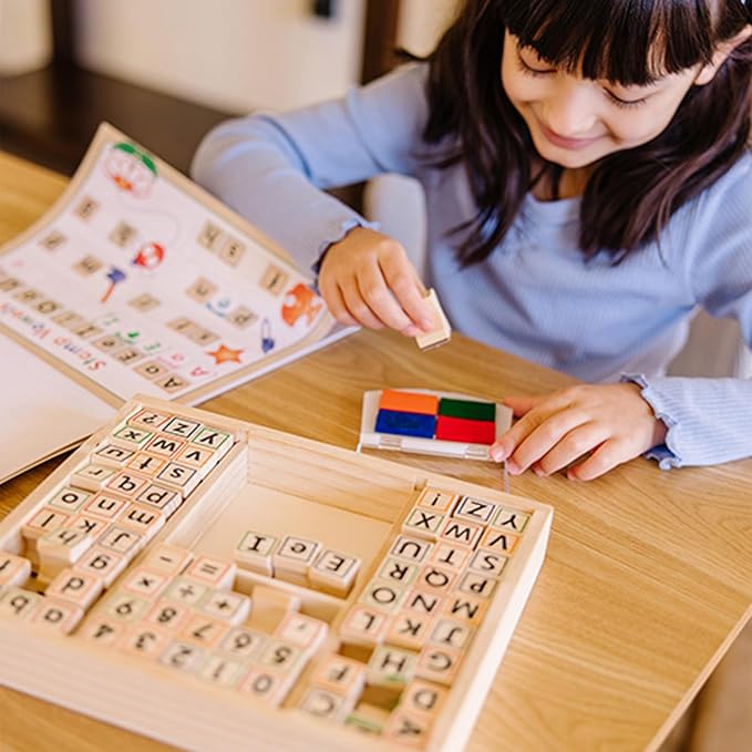 Melissa & Doug Deluxe Letters and Numbers Wooden Stamp Set ABCs 123s With Activity Book, 4-Color Stamp Pad - FSC Certified