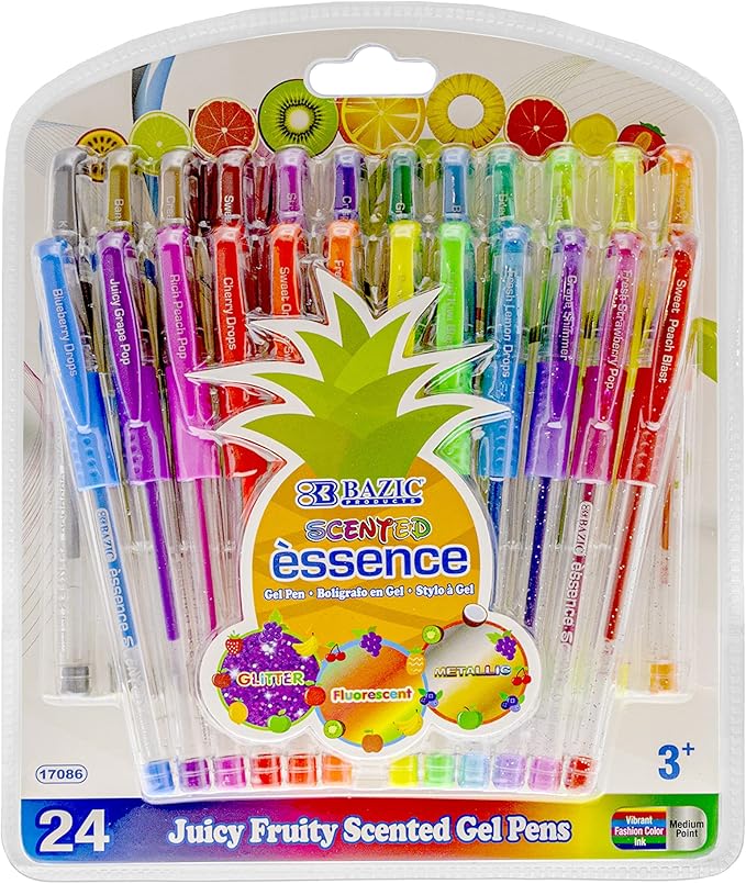 BAZIC Products Scented Glitter Neon Metallic Gel Pen, 24 Color Smooth Writing for Drawing Coloring Greeting Card Art Christmas Gift (24/Pack), 12-Pack