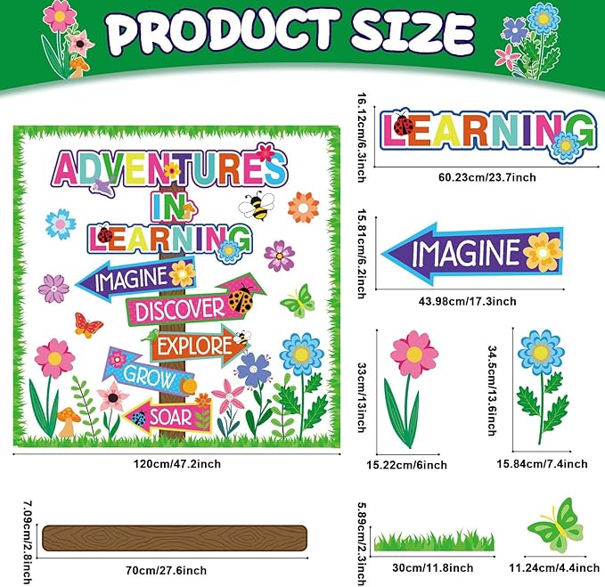56 Spring Piece Adventures in Reading Bulletin Board Classroom Decoration Flower Signpost Paper Cutouts Supplies Colorful Floral Bulletin Board Decorations for Spring Classroom Wall Door Flower Decor