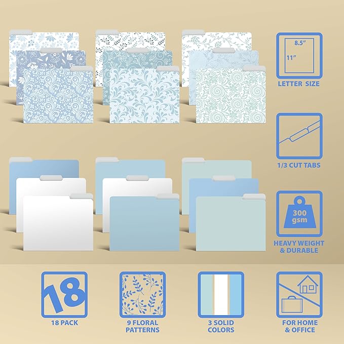 Better Office Products Decorative File Folders, 18 Pack, 9 Floral & Paisley Designs + 9 Matching Solid Colors, Heavyweight, Letter Size (9.5" x 11.5") with 1/3 Cut Tab, Laminated, Fashion Folders