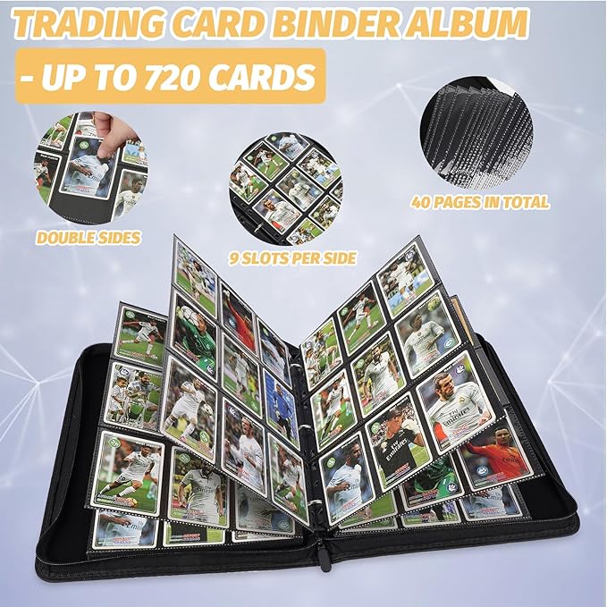 9 Pocket Card Binder, Premium Zip Trading Card Binder, 720 Double Sided Pocket PU Card Collection Binder, Collector Card Album, Card Folder for MTG, TCG, Sports Cards, Game Cards (GREY)
