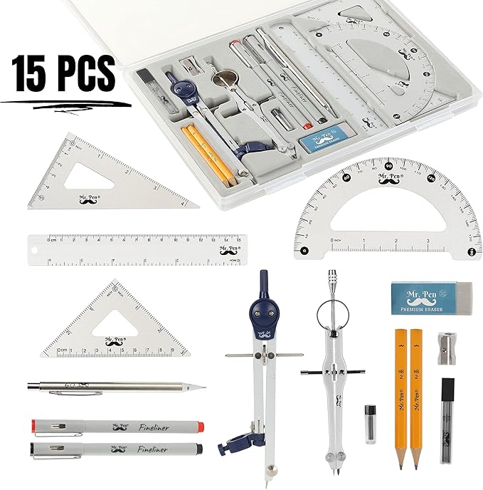 Mr. Pen- Professional Geometry Set, 15 pcs, Geometry Kit for Artists and Students, Geometry Set, Metal Rulers and Compasses, Drawing Tools, Drafting Supplies, Drafting Set, Drafting Tools and Kits