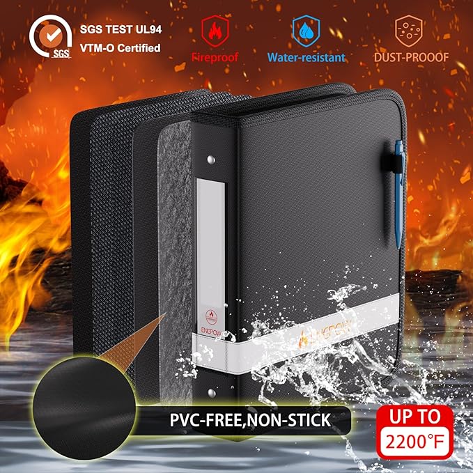 ENGPOW 3 Ring Binder,Fireproof 1.5 Inch D Ring Binder with Zipper,Holds 375 Sheets,Non-Stick,PVC-Free,Compatible with Clear Sheet Protectors,Portable School Office Home Safe Storage for Paper,Black