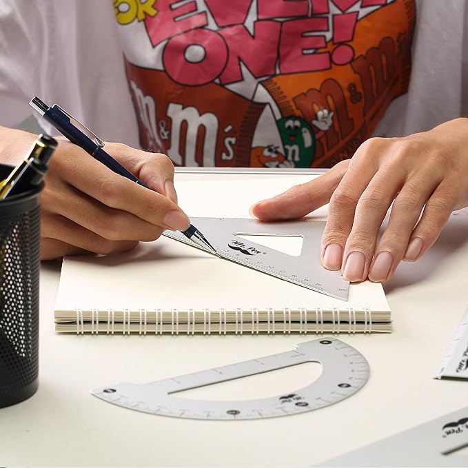 Mr. Pen Metal Geometry Kit - 4Pack Set Square, Protractor, Aluminum Ruler, Drafting Triangles