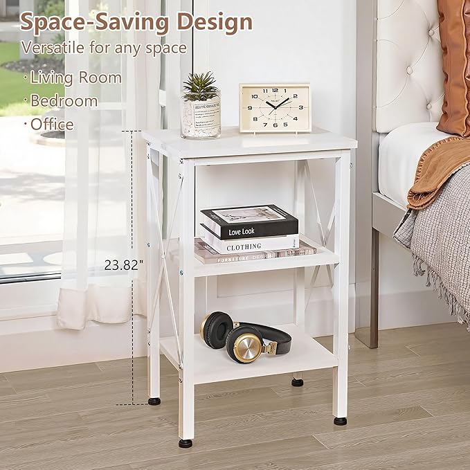 VECELO End Table Set of 2, Bedside Table, 24" Tall Living Room End Tables, X-Design Reinforced Nightstands, Side Table with 3-Tier Storage Shelves for Small Spaces, Office, Bedroom, Pearl White