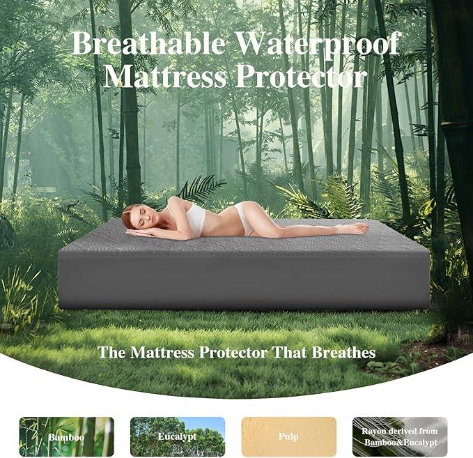 California King Mattress Protector, Waterproof Mattress Pad Washable Rayon Mattress Cover Breathable Noiseless Bed Protector 3D Patterns 5" - 21'' Elastic Fitted Deep Pocket(Dark Grey)