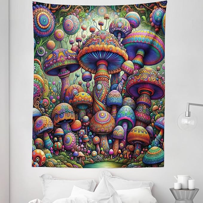Ambesonne Mushroom Tapestry Twin Size, Art Trippy Jungle with Colorful Huddles of Oriental Motifs Outer World Psychedelic, Wall Hanging Bedspread Bed Cover Wall Decor, 68" X 88", Multicolor