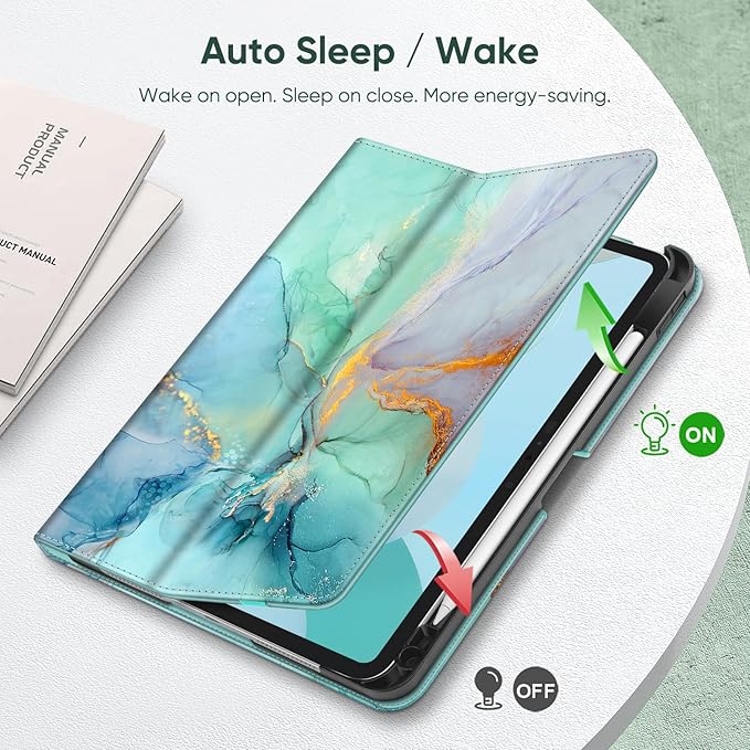 Fintie Folio Case for iPad Pro 11-inch (M5) 2025 / (M4) 2024 - Premium Vegan Leather Smart Stand Back Cover with Pencil Holder, Auto Wake/Sleep, Emerald Marble