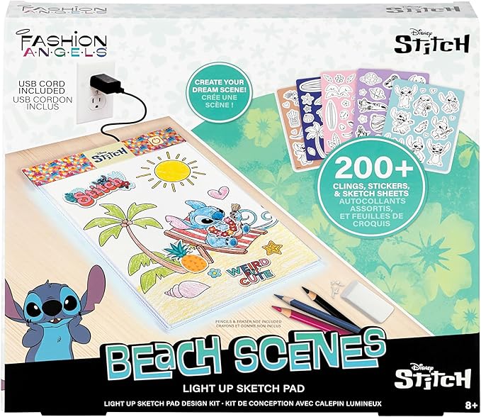 Fashion Angels Disney Stitch Beach Scenes Light Up Sketchpad, Design Kit with Illuminated Tracing Pad, 5 Reusable Vinyl Clings & More, for Kids Ages 8+