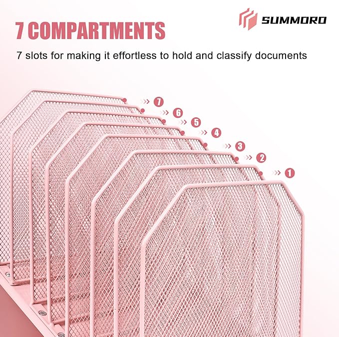 Inclined File Organizer for Desk, 7-Tier Vertical File Folder Holder Office Desk Organizer Metal Rack File Wire Mesh Desktop Document Sorter for Office School Classroom Home (Pink)