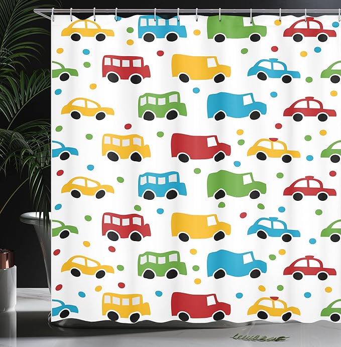 Ambesonne Cars Shower Curtain, Vivid Colored Silhouettes of Transportation Vehicles Bus Taxi Automobile Pattern, Cloth Fabric Bathroom Decor Set with Hooks, 69" W x 70" L, Orange Green Blue