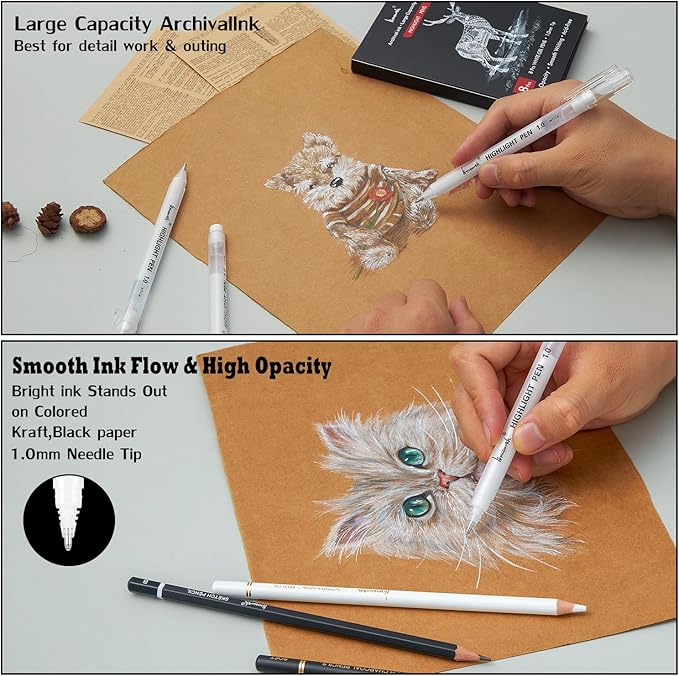 White Gel Pens,8 Pack, 1mm Fine Point Opaque White Archival Ink Pens,Gel Ink Pen Set,for Black Paper Drawing,Card Making, Art Highlight & Artists Drawing