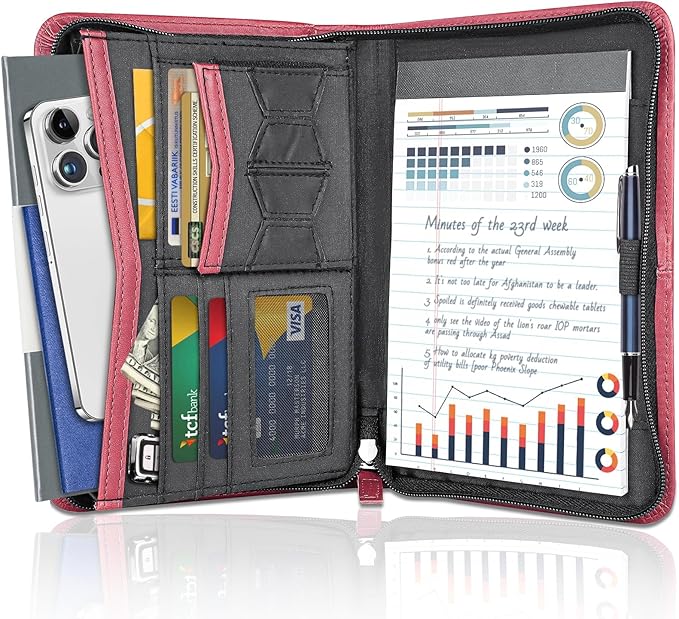 Padfolio for Women, Zippered Business Portfolio, Leather Padfolio Binder 5.3 x 8 inch Writing Pad, Business Portfolio Organizer, Small Padfolio with Clipboard (Red)