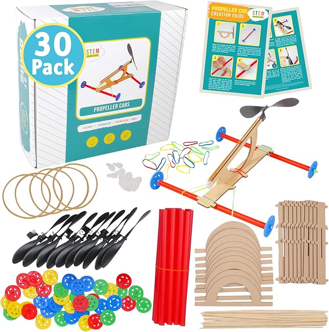 Rubber Band Propeller Car Kit (30 Pack) – DIY STEM Activity for Kids, Complete Science & Engineering Project for Kids, Classroom Bulk Set, Ages 8 and up