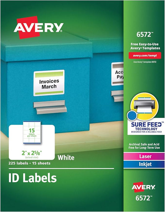 Avery ID Labels, Sure Feed Technology, Permanent Adhesive, 2" x 2-5/8", 225 Labels (6572)