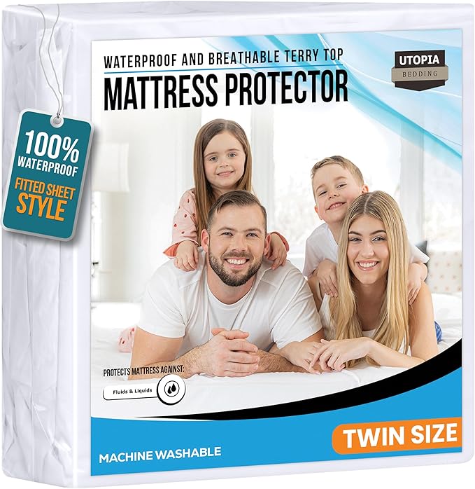 Utopia Bedding Waterproof Mattress Protector Twin Size, Premium 200 GSM Terry Mattress Cover, Soft & Breathable Bed Cover, Fitted Sheet Style with Stretchable Deep Pockets 15" (White)