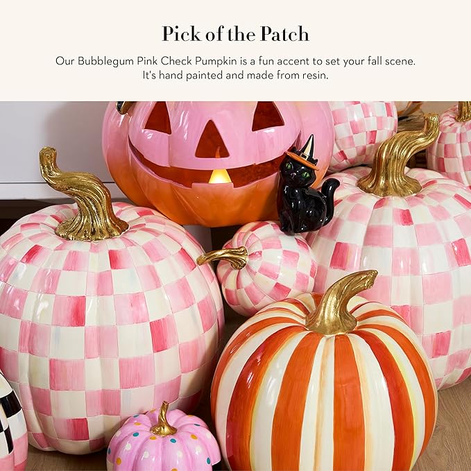 MACKENZIE-CHILDS Mini Pumpkin, Resin Halloween Home Decor, Pink-and-White Bubblegum Pink Check