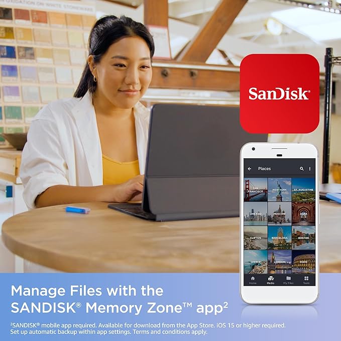 SanDisk 128GB Creator Phone Drive - for iPhone, iPad, Laptop & Mac - Includes USB Type-C and Lightning Connectors - Automatic Backup, 3 Months of Adobe Lightroom Included- SDIXD0N-128G-GN6TP