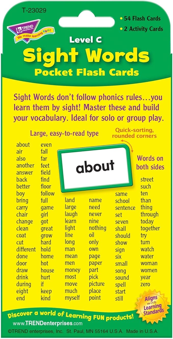 Trend Enterprises: Sight Words Level C Pocket Flash Cards, Great for Skill Building and Test Prep, 56 Two-Sided Cards Included, 108 Commonly-Used Words, for Ages 6 and Up