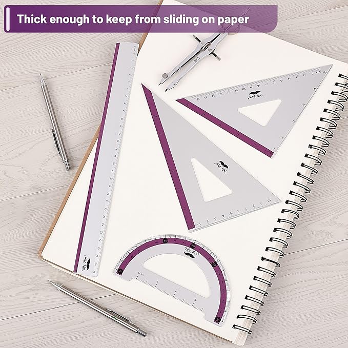 Mr. Pen- Geometry Set, Purple Stripes, 4 Pack, Metal Geometry Kit, Triangle Ruler, Metal Ruler, Drafting Triangles, Metal Protractor, Metal Set Square, Drafting Ruler, Drafting Set