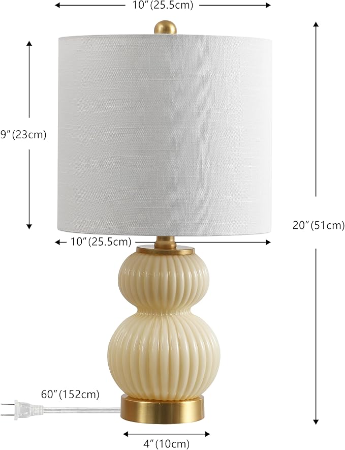JONATHAN Y 20" Ivory/Brass Gold Ribbed Gourd Glass Table Lamp, Modern Bedside Lamp for Bedroom Living Room, White Linen Drum Shade, LED Bulb Included (JYL1099G)