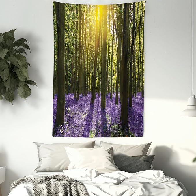 Ambesonne Woodland Tapestry Queen Size, Sunbeams in the Forest of Bluebells Blooms Deep in Woodland Oxfordshire, Wall Hanging Bedspread Bed Cover Wall Decor, 88" X 88", Violet Green Yellow