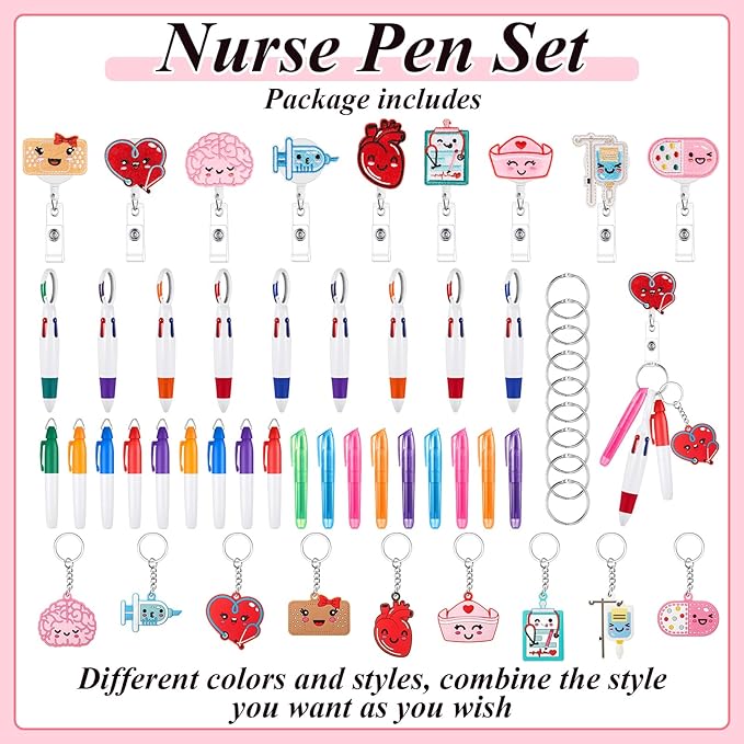 Henoyso 54 Pcs Nurse Badge Reel Pens Mini Highlighter Pens Bulk Nursing Week Appreciation Gifts Badge Accessories Retractable for Cna Medical Assistant Christmas Women (Classic)
