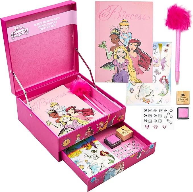 Disney Stitch Notebook Stationery Set Kids Diary DIY Journal Kit and Craft Supplies (Pink Princesses)