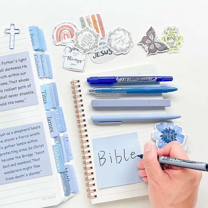 J6&H6 Complete Bible Study Supplies Journaling Kit with Tabs, Highlighters and Color Pens, Notebook,Stickers & More 56pcs Bible Accessories Set for Women, Beginner Christian Gifts(Blue)