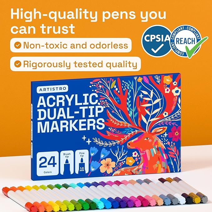 ARTISTRO 24 Acrylic Paint Markers - Paint Pens for Calligraphy, Brush + Fine Tips - For Fabric, Rock, Glass, Wood, DIY, Craft, Canvas - Art and Craft Supplies for Adults, Teens, Kids