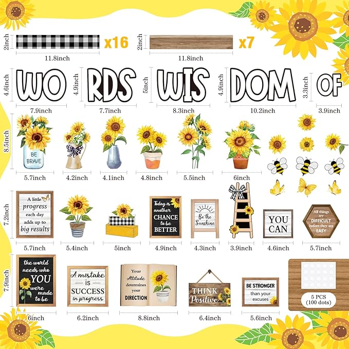 57 Pcs Sunflower Bulletin Board Set Inspirational Flower Bulletin Board Decoration Positive Cutout Classroom Decoration for School Office Home Teacher Classroom Wall Supplies