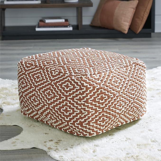 Signature Design by Ashley Brynnsen Casual Handwoven Geometric Pouf, Orange & White