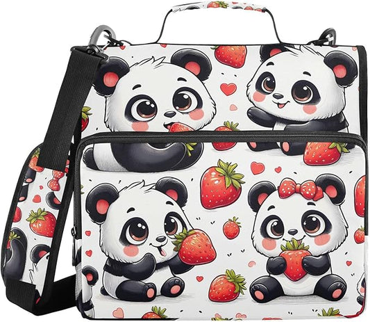 3 Ring Zipper Binder with Shoulder Strap Panda Red Strawberry 1.5 inch Binders Keeper Large Capacity Multi Pockets for School Office Supplies