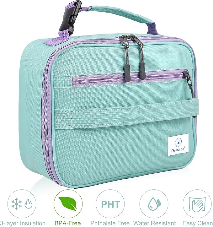 Genteen 2 Packs Insulated Soft Lunch Bag With Double Zipper - Sturdy, Freezable and Reusable for Kids, Men - For School, Work, Outdoor (Blue+Green)