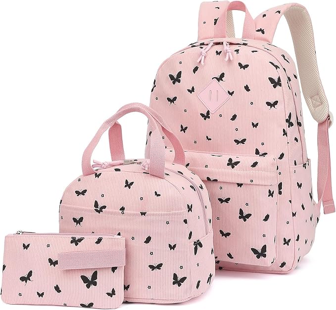 Corduroy Girls Backpack Set, 3PCS School Backpacks for Kids Elementary Middle School Bags with Lunch Box Pencil Case (Pink Corduroy Butterfly)