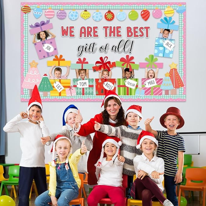 Christmas Bulletin Board Set Christmas DIY Photo Craft Gift Boxes Bulletin Board Decoration We are The Best Gift of All Cutouts for Xmas Holiday Preschool Classroom Chalkboard Wall Door Decor