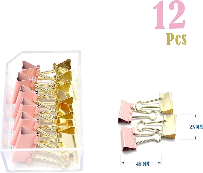 Gold Pink Binder Clips and Paper Clips Set (3-in-1 Boxed), for Office School Supplies Teachers Classroom Daily use