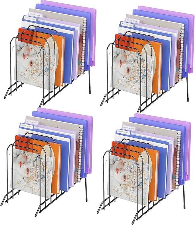 Incline Metal Desk Magazine Folder Holder, Sorter Desk File Organizer with 8-Section Vertical Compartments Rack File Organizer for Office, Home, School (4 Pack)