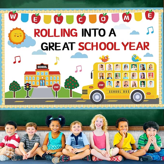 65Pcs Welcome Back to School Bulletin Board Decorations Set, School Bus Cutouts Name Tags with Yellow Border Trims Home Office School Classroom Decorations for Window Wall Door Chalkboard