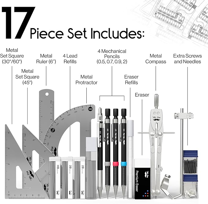 Mr. Pen- Professional Geometry Set, Silver Geometry Kit for Artists, Metal Rulers and Compasses, Mechanical Pencil Set, Drafting Tools & Drafting kits