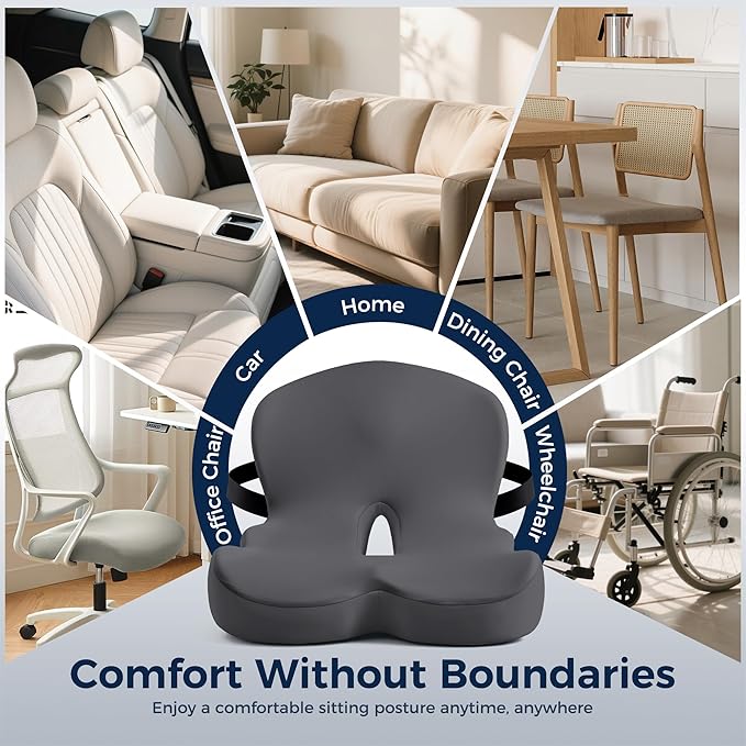 Seat Cushion, Office Chair Cushions for Tailbone Relief, Seat Cushions for Office Chair with L-Shaped Ergonomic Design & Adjustable Strap, Memory Foam Chair Cushion for Long Sitting Worker(Dark Gray)