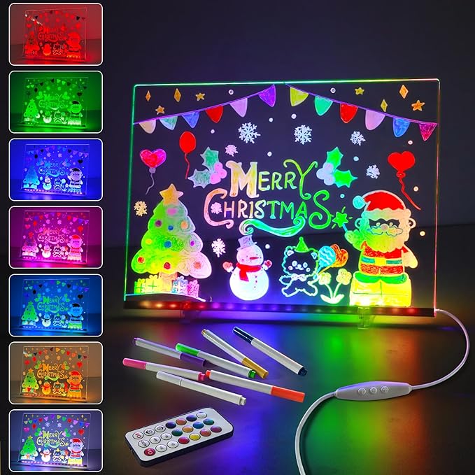 Acrylic Dry Erase Board with Light, 13.7"x10" 15 Colors LED Note Board with Remote & 366 Modes, Dimmable Light Up Message Board Desktop Memo Board, LED Drawing Board for Kids Girls Boys (Remote)