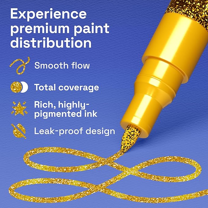 ARTISTRO 2 Glitter Gold Acrylic Paint Markers - 0.7mm Extra Fine-Tip Paint Pens - Perfect for Crafting, Art Projects, & More