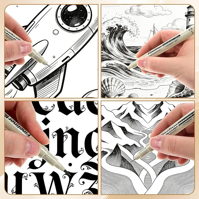 12 Pcs Fineliner Drawing Art Pens Black Waterproof Pigment Ink Set Outlining Archival Quality Markers Thin No Bleed Smooth Supplies for Artists Calligraphy Manga Journaling Illustration