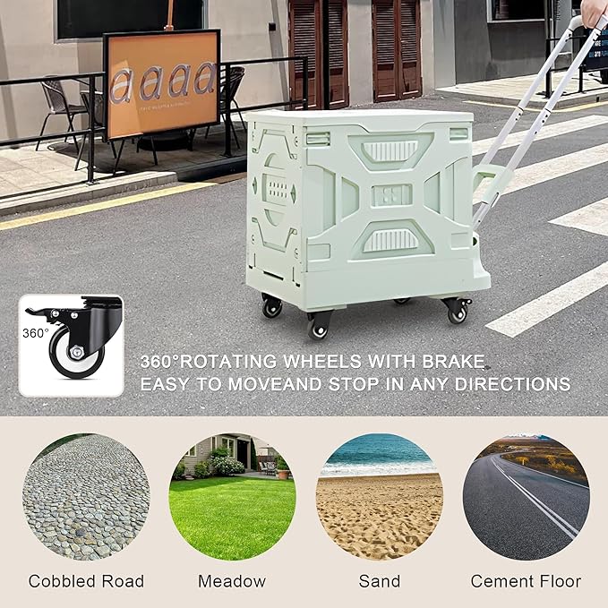 VECELO Rolling Carts with Wheels, Foldable Utility Cart, Light Weight Platform Trucks Dolly, with Recessed Design for Lids, 4 Heavy Duty Wheels, Ideal for Shopping, Camping, Teachers, Mint Green