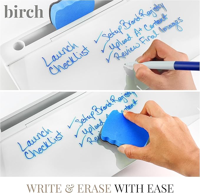 Birch Small Desktop Whiteboard – Glass Dry Erase Board Desk Pad Keyboard Stand with Storage Compartment 3 Markers & Marker Holder – Perfect for Office, Home, & School (Cloud)