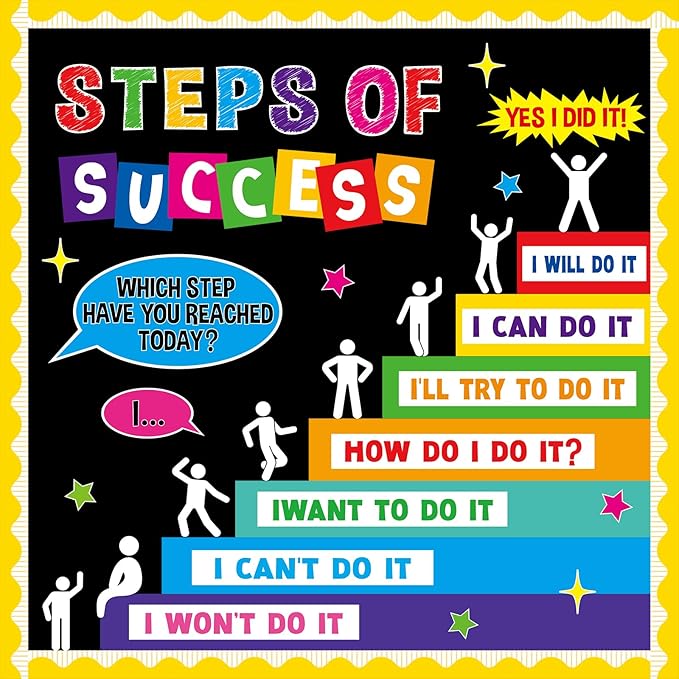 Motivational Bulletin Board Decoration Set Positive Classroom Decor Steps of Success Paper Cutouts Educational Sayings Accents for Back to School Elementary Home Wall Door Supplies